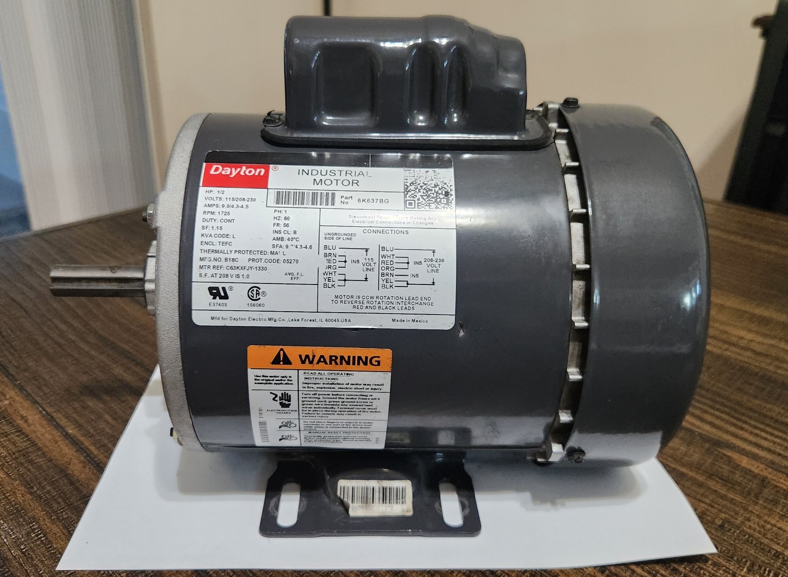 Dayton 6K637BG Industrial Motor 1/2 HP 1725 RPM Frame 56 TEFC 115/208-230V…