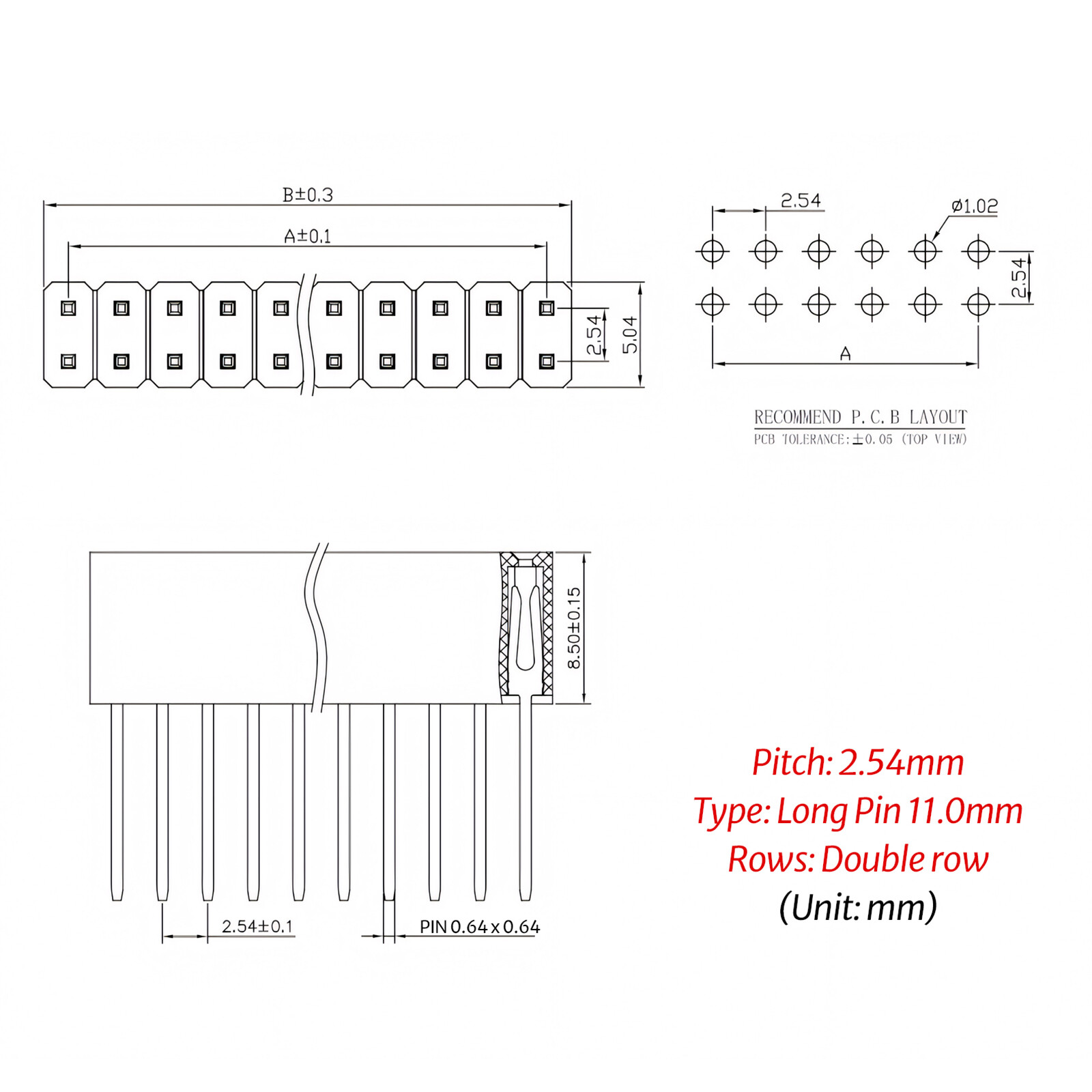 0.1″ PCB Header Vertical Female Socket Connector Single / Double Row Pin 2.54mm