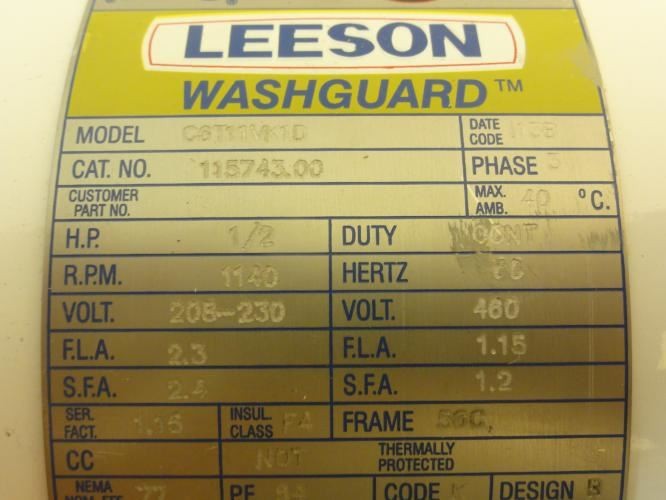 207132 Old-Stock; Leeson 115743 AC Motor; 1/2HP; 1140RPM; 208-230/460V