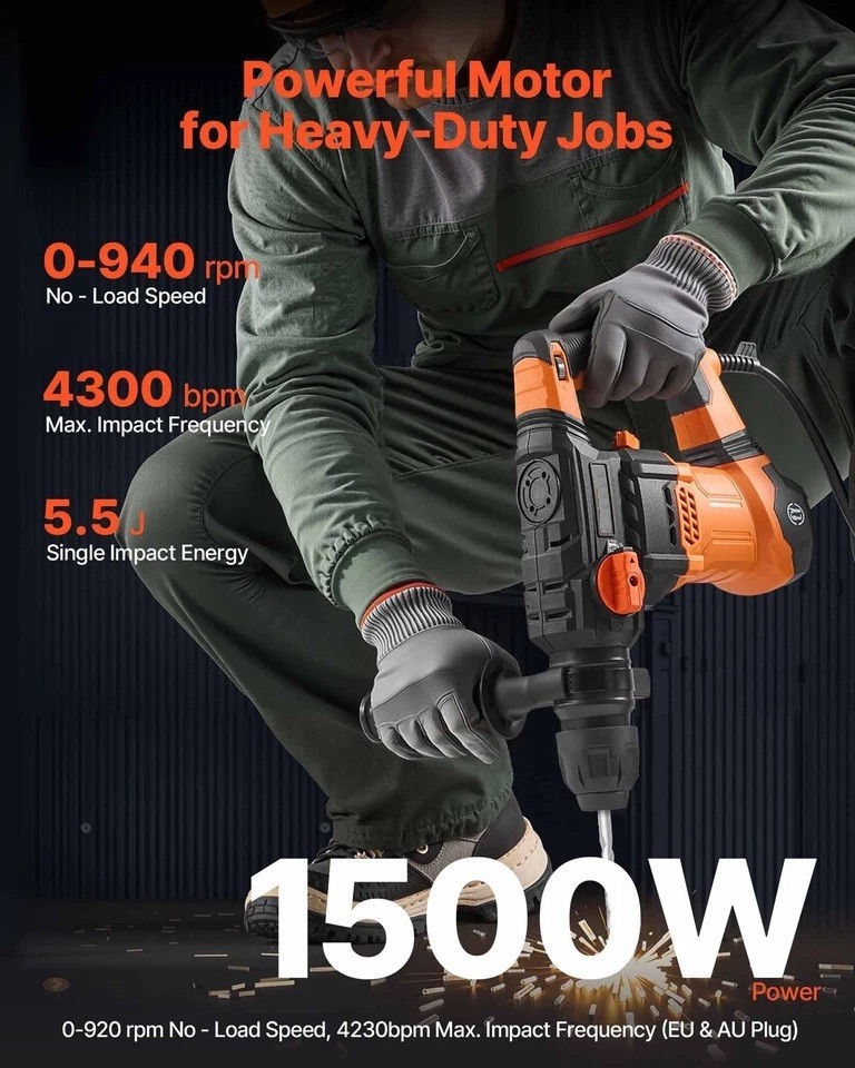 Rotary Hammer Drill Corded Drills 1-1/4″ 4 Modes SDS-Plus Chipping Hammers