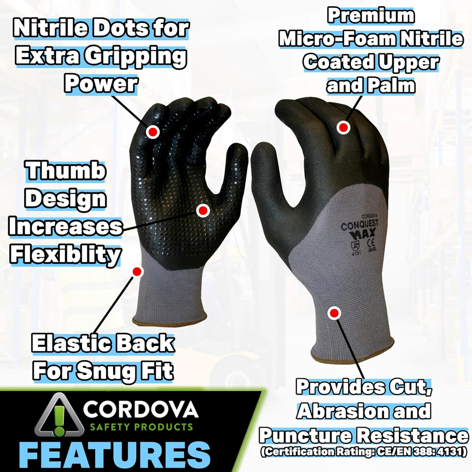 Cordova 6920M Conquest Max Gloves Medium Nylon/Nitrile Gray/Black Pack of 12
