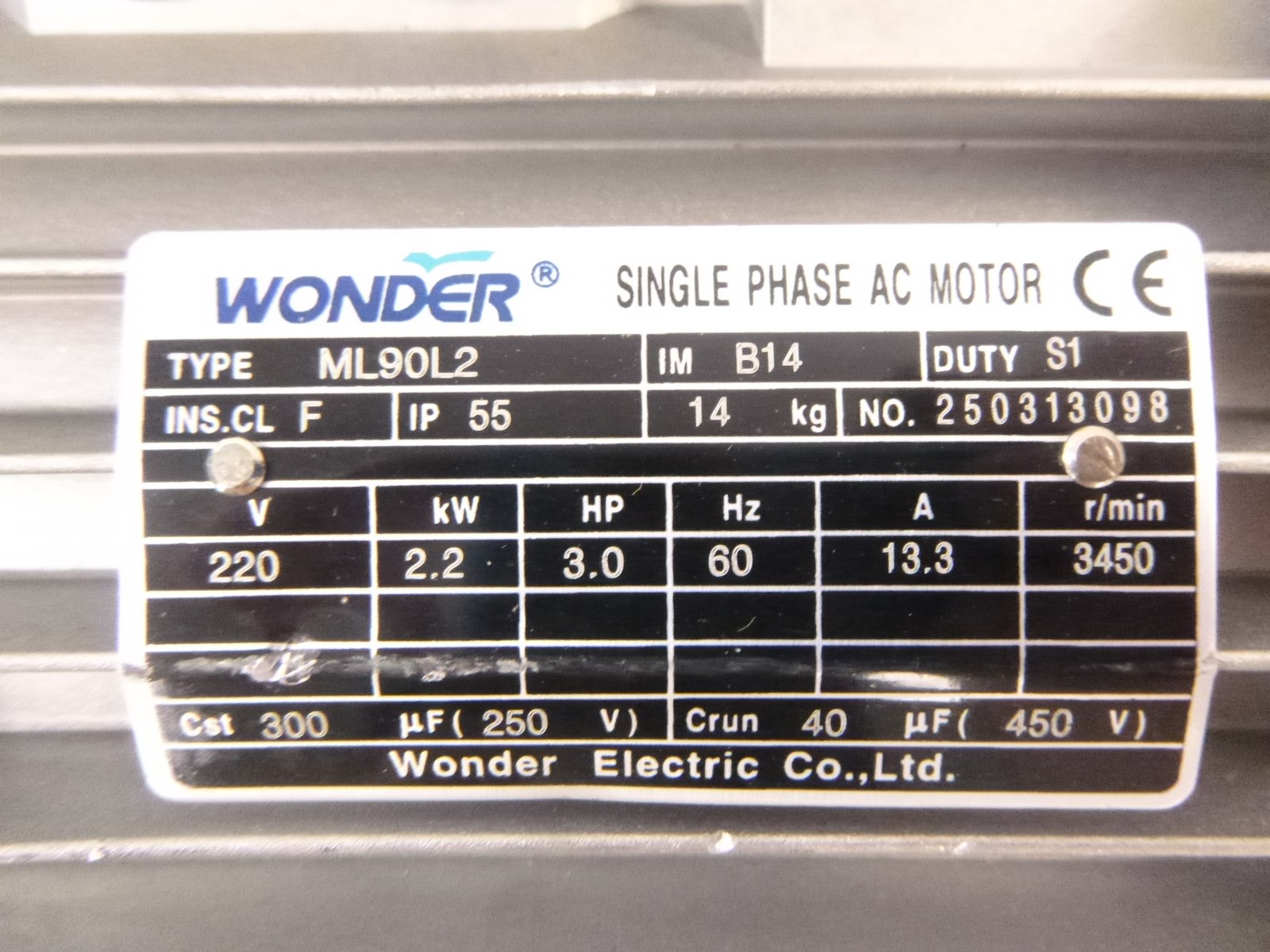 Wonder Electrical SinglePhase AC Motor ML90L2 220V 2.2kW 3HP 60Hz 13.3A SEE DESC