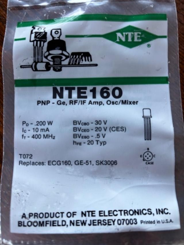 NTE Electronics NTE160 PNP Germanium Transistor RF/IF Amp, FM OSC/Mixer