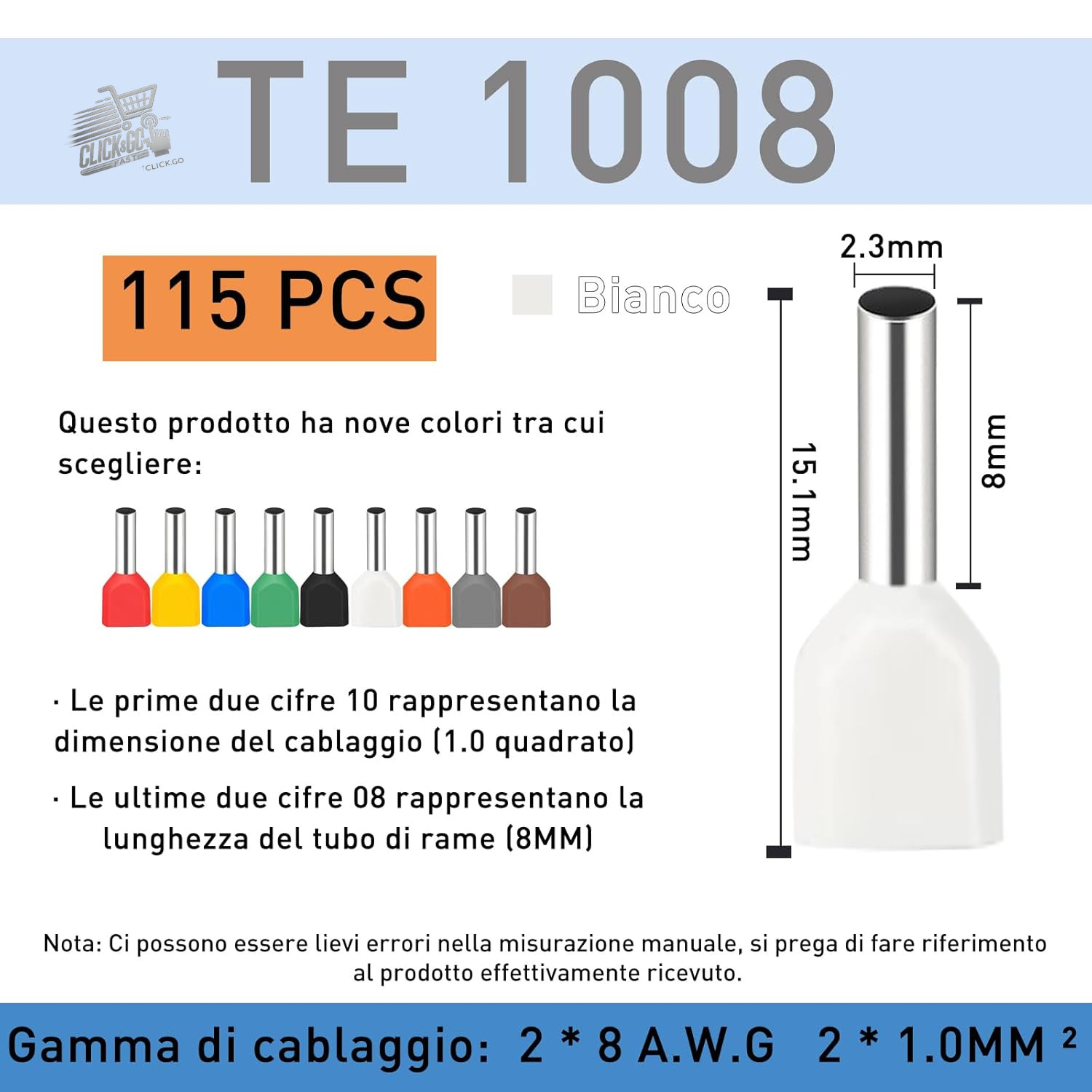 115 Electric Capicorda 2x1mm² White Insulated Cable Terminals Crimp Tubular