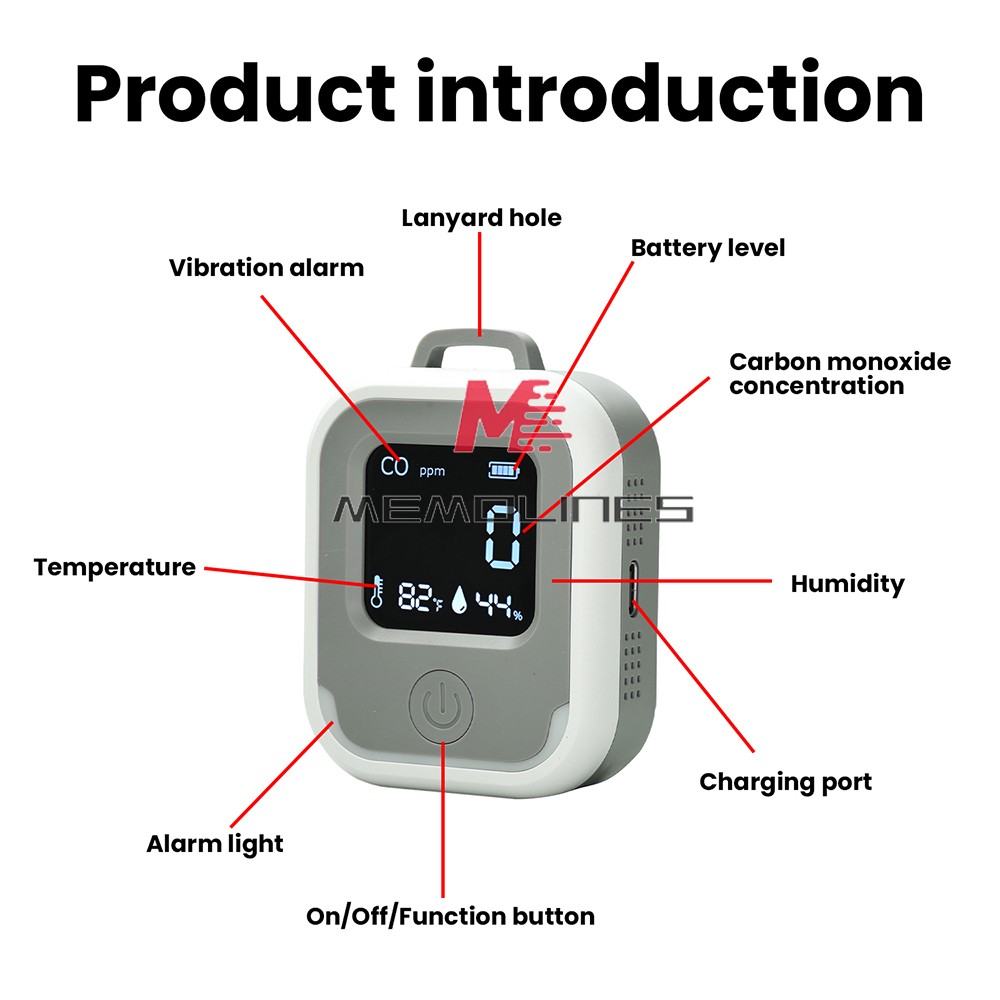 Air Quality Monitor 3-in-1 Carbon Monoxide Detector Temperature Humidity Alarm