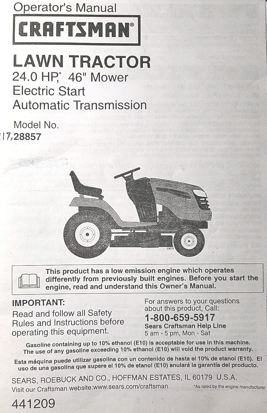 Sears Craftsman YT4000 Hydro 24.0 h.p. 46″ Lawn Tractor 917.288573 Owners Manual