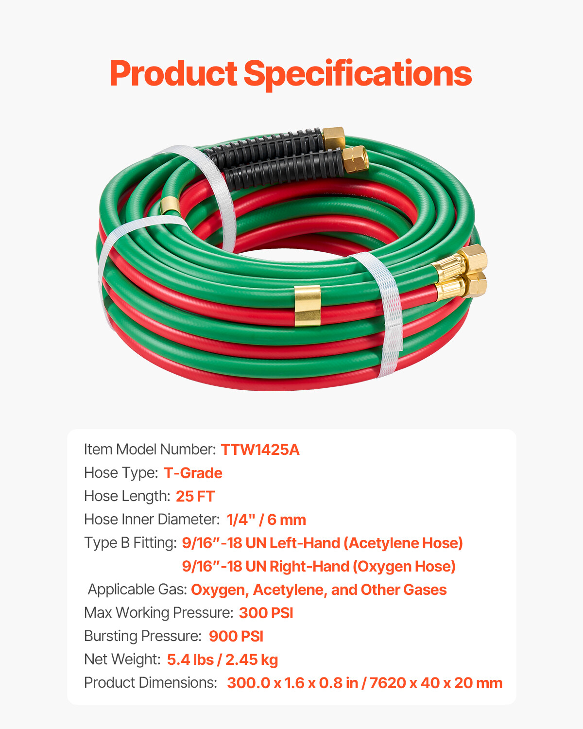 Oxygen Acetylene Hose 1/4-Inch x 25FT T Grade Hose 300PSI Max Working Pressure