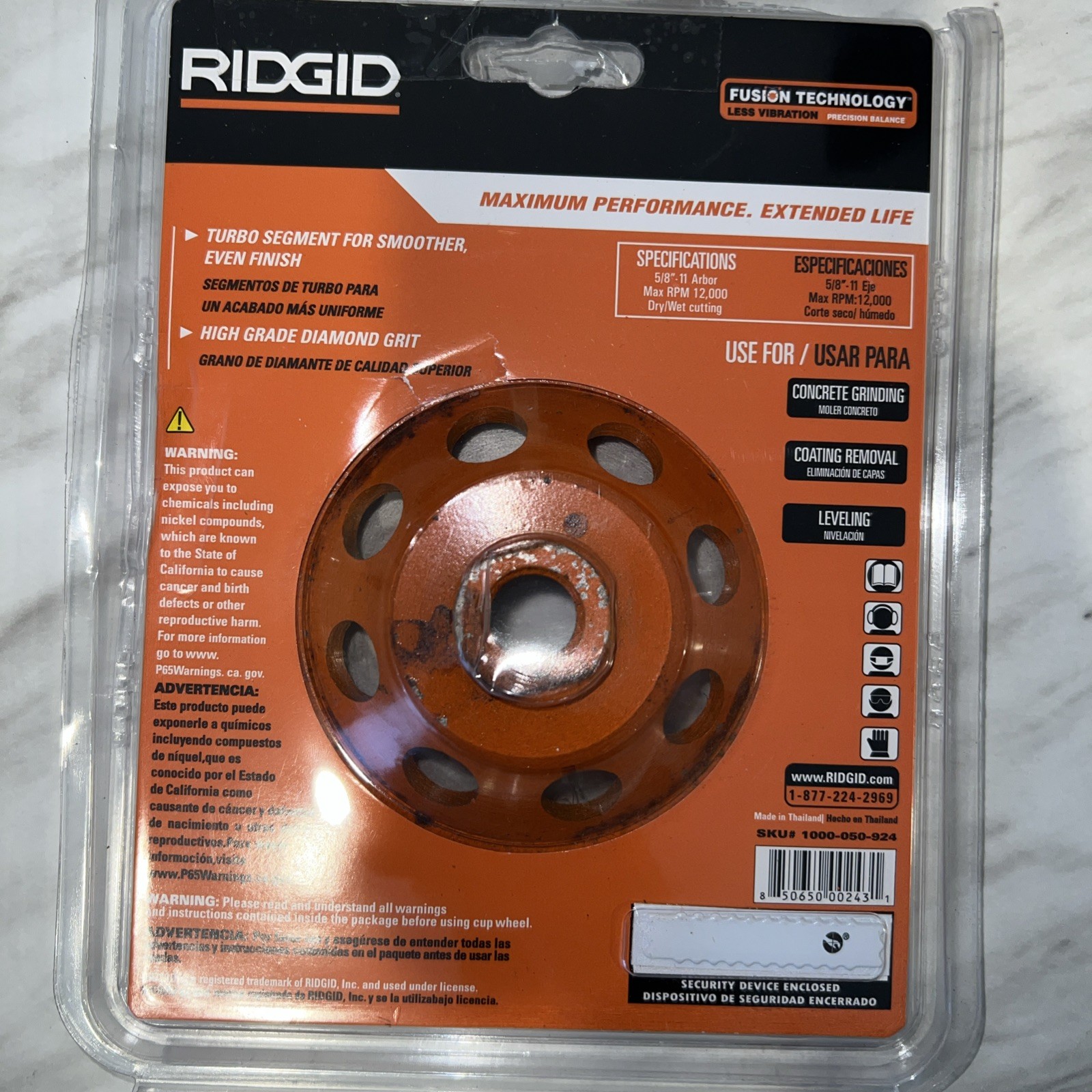 RIDGID 5in Diamond Cup Wheel 18 Segment 16 Grit 5/8-11 Arbor 12200RPM