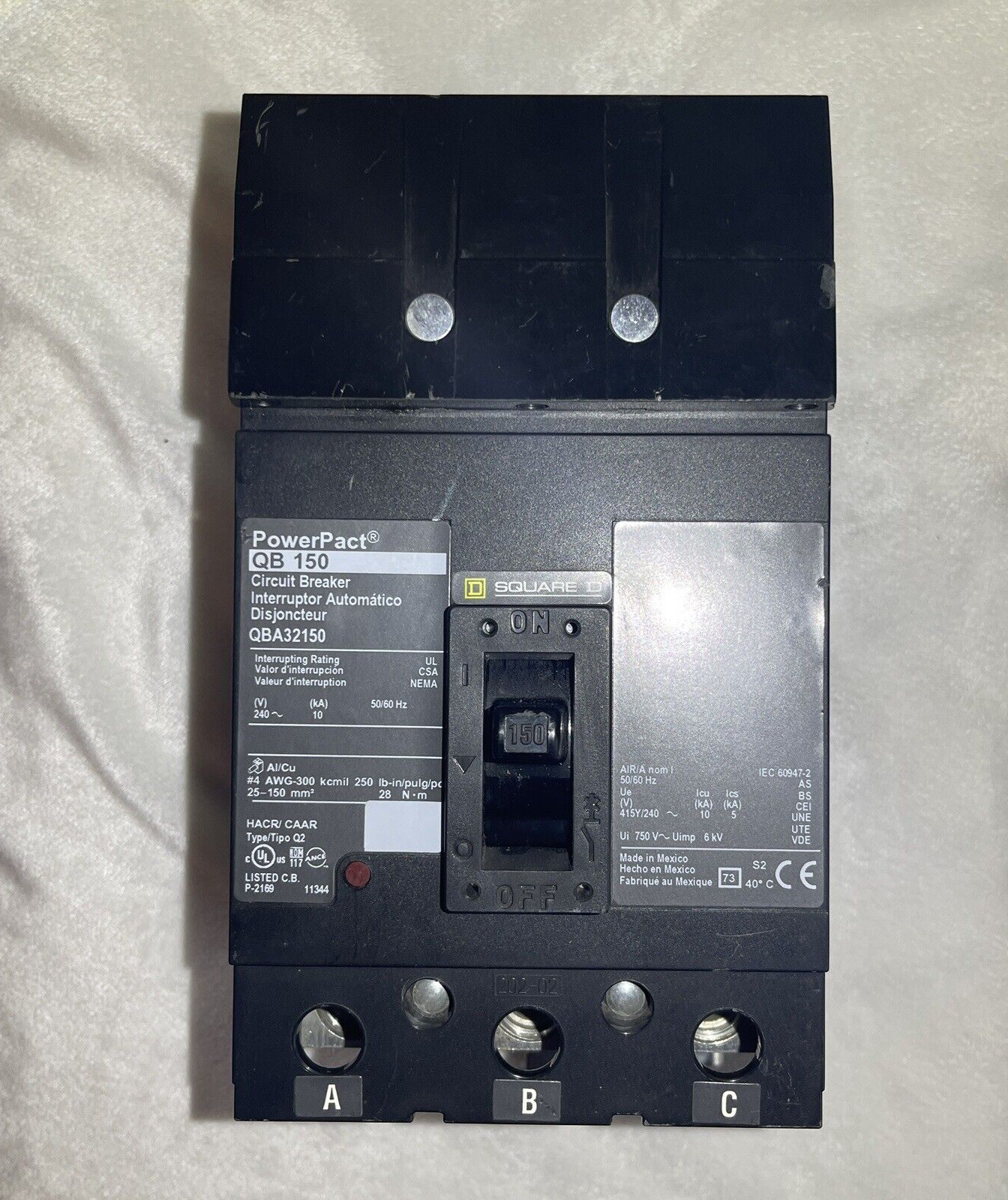 Square D QBA32150 150 Amp 240 Vac 3 Pole Molded Case Breaker 10 kA @ 240 V