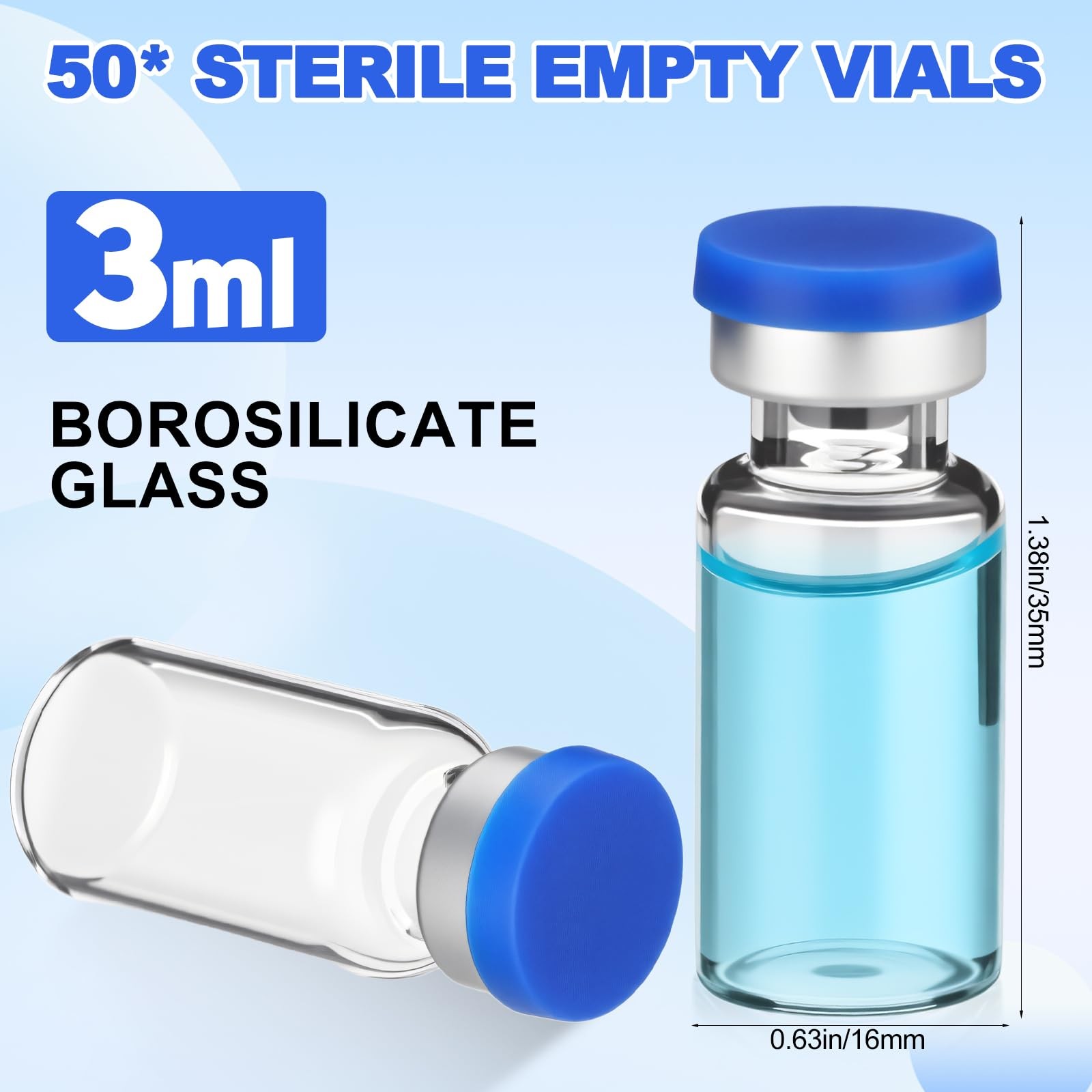 50 Pcs 3ml Sealed Sterile Empty Vials with Self Healing Injection Port Clear …