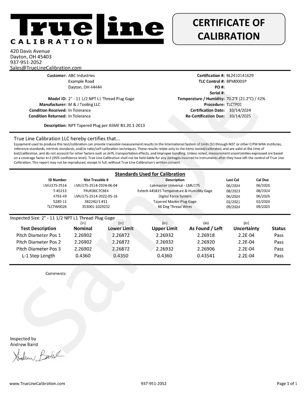 Long Form Calibration Certs For Thread Gage (Purchased w/ M & J Tooling Gage)