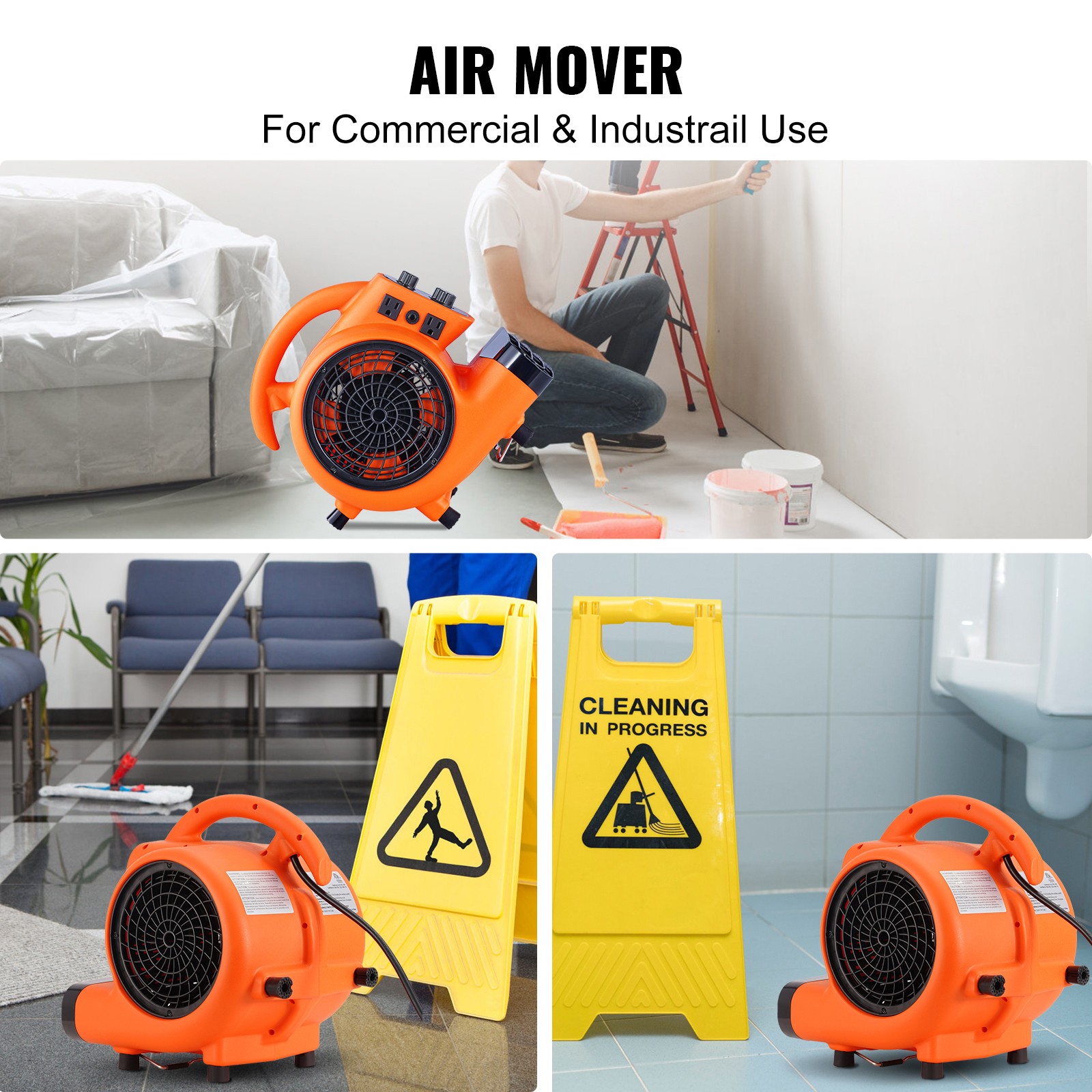 VEVOR 1000 CFM 3-Speed 1/4 HP Adjustable Air Mover Carpet Dryer Blower Floor Fan
