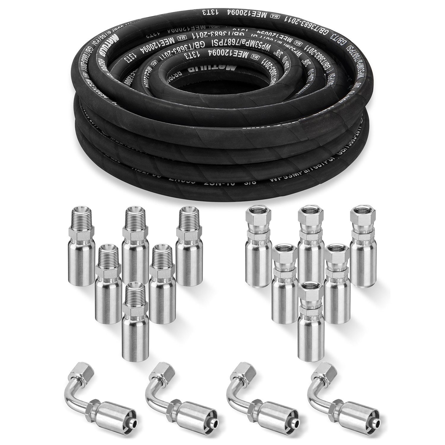 2-Wire Braid Hydraulic Hose Kit 33FT 3/8″ Hose with 16PCS Carbon Steel Fittings