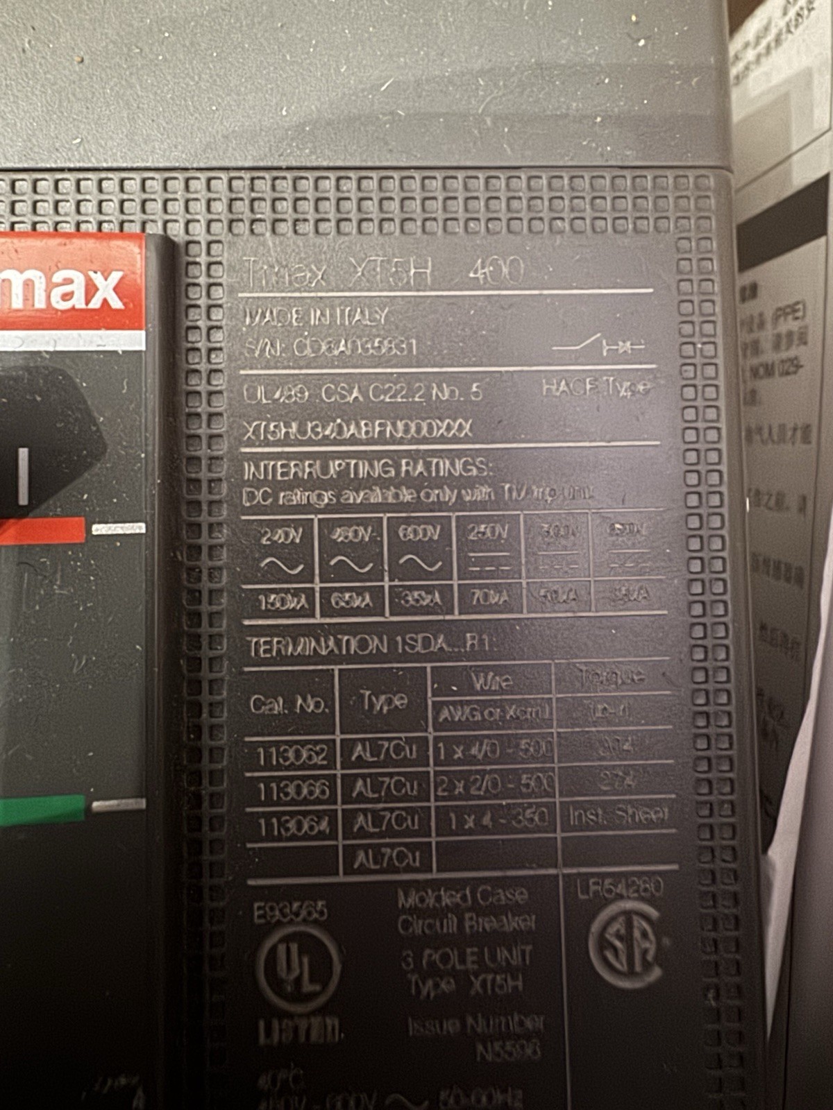 ABB SACE Tmax XT5H 400 ReliaGear 3 Pole 400 Amp 480V Circuit Breaker XT5H & KIT