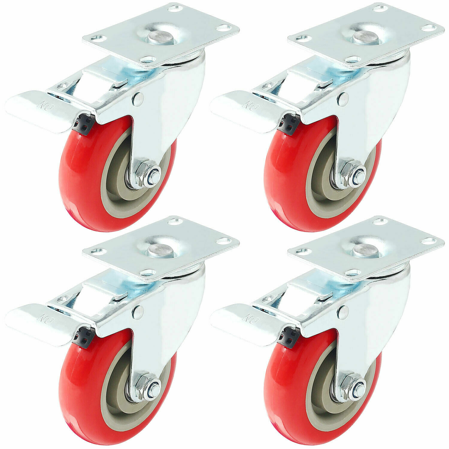 4 Pack 4″ Caster Wheels Swivel Plate Total Lock Brake Red Polyurethane PU