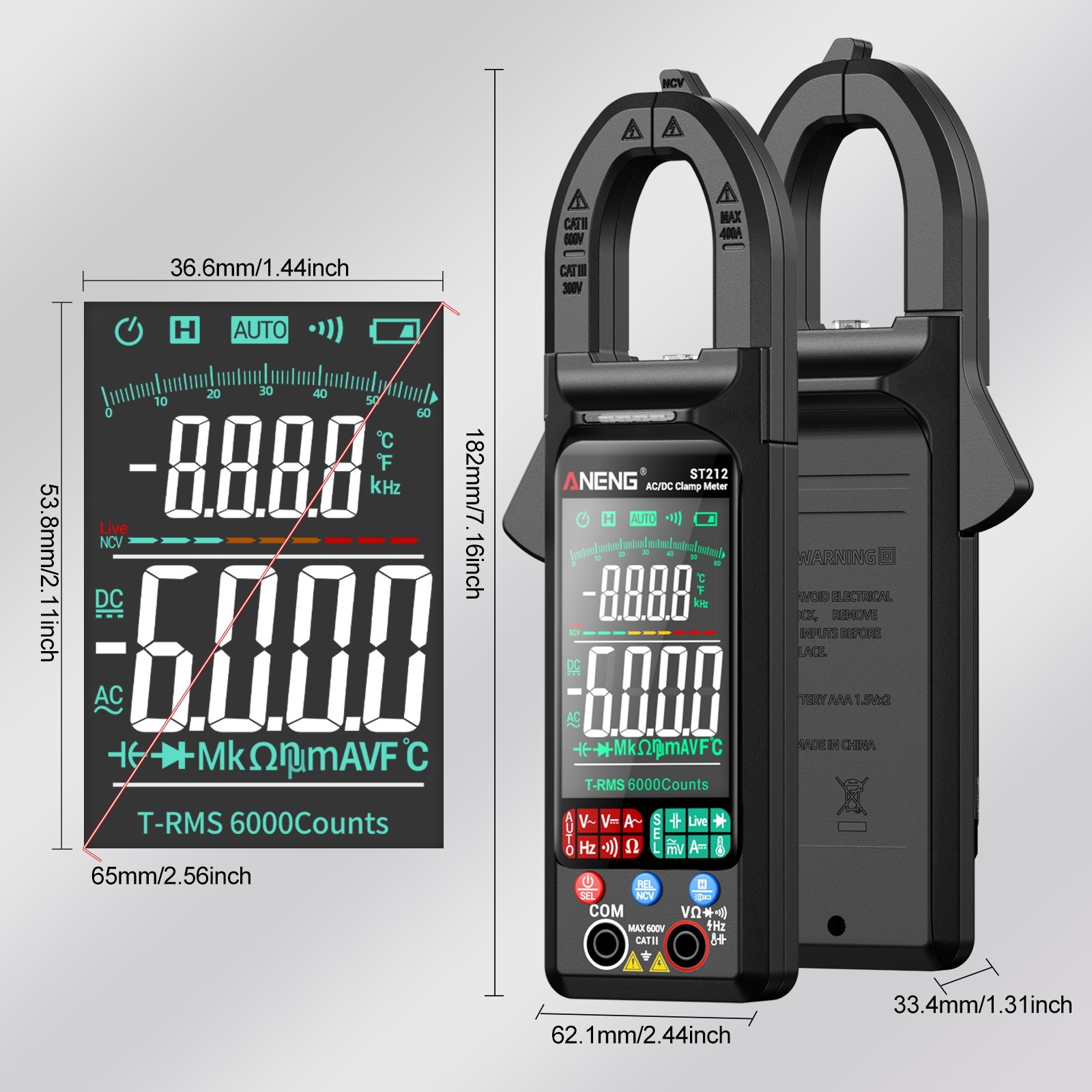 ANENG ST212 Clamp Meter Digital Multimeter Professional T-RMS 400A AC/DC Tester