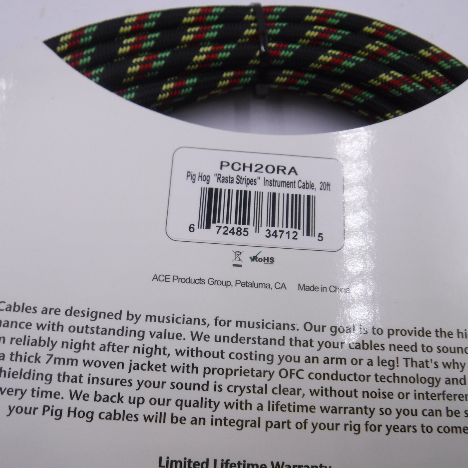 20′ Pig Hog PCH20RA Rasta Stripes Woven Instrument Cable 1/4″Straight
