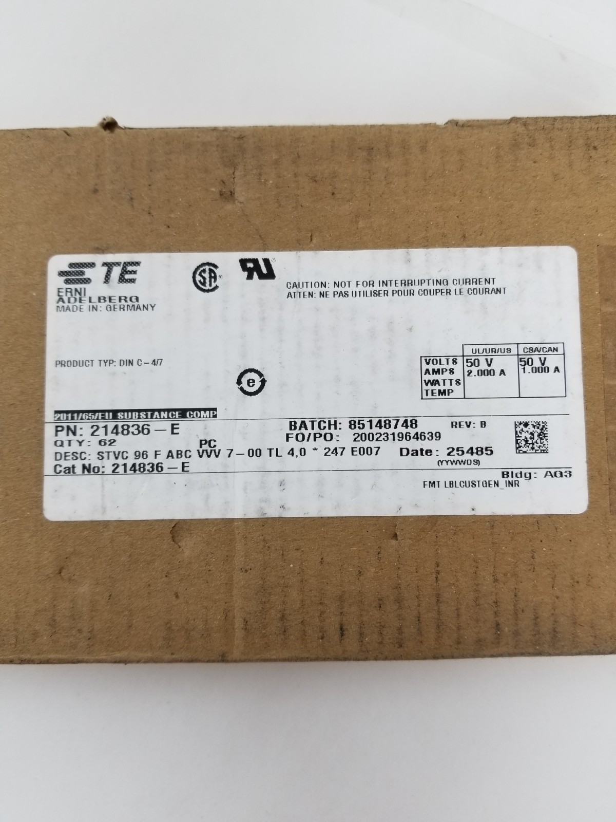 62ct TE Connectivity 214836-E Eurocard Connectors 96-Position ERNI Female NEW