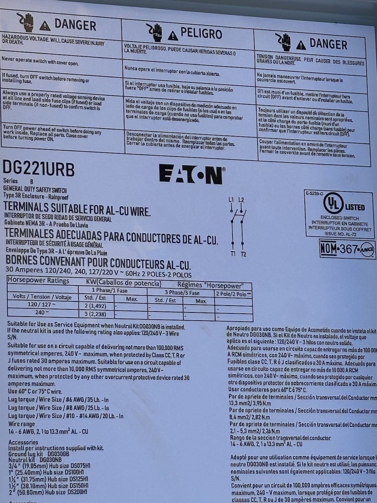 EATON DG221URB Non Fusible General Duty Safety Switch 2 Pole 30 Amp