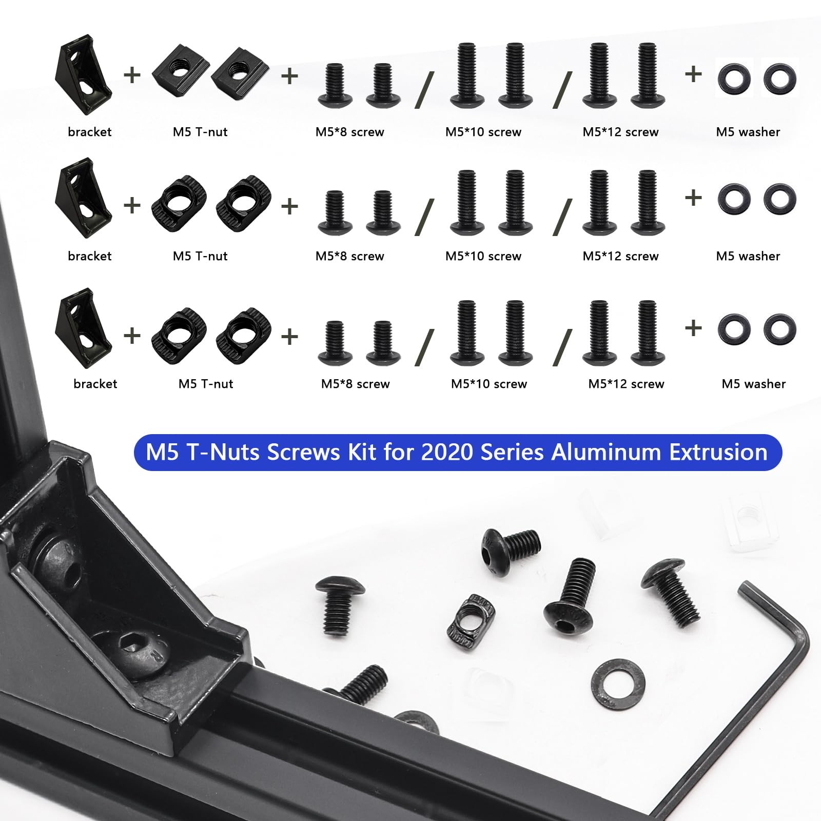 Taiss 275PCS M5 T-Nuts and Bolts Kit for 2020 Screw Kit, Black