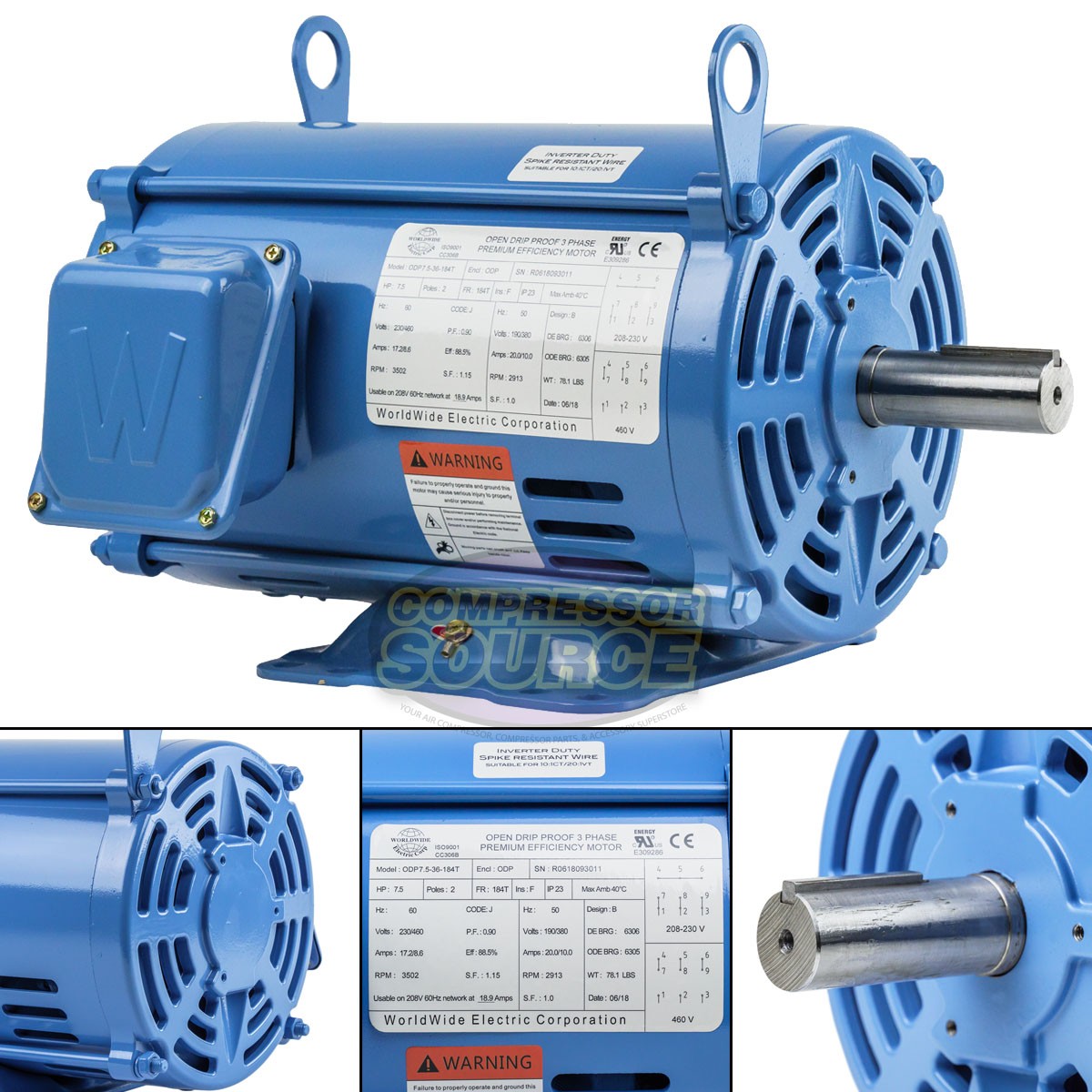7.5 HP 3 Phase Electric Motor 3500 RPM 184T Frame ODP Open Drip Proof 230/460V