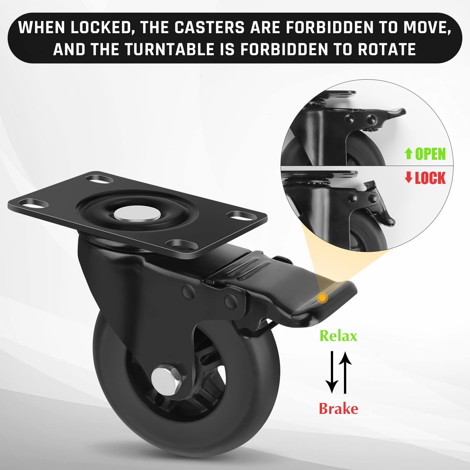 Casters Set Of 4 4 Inch Heavy Duty Quiet Soft Wheels 22000LBS Load Glide