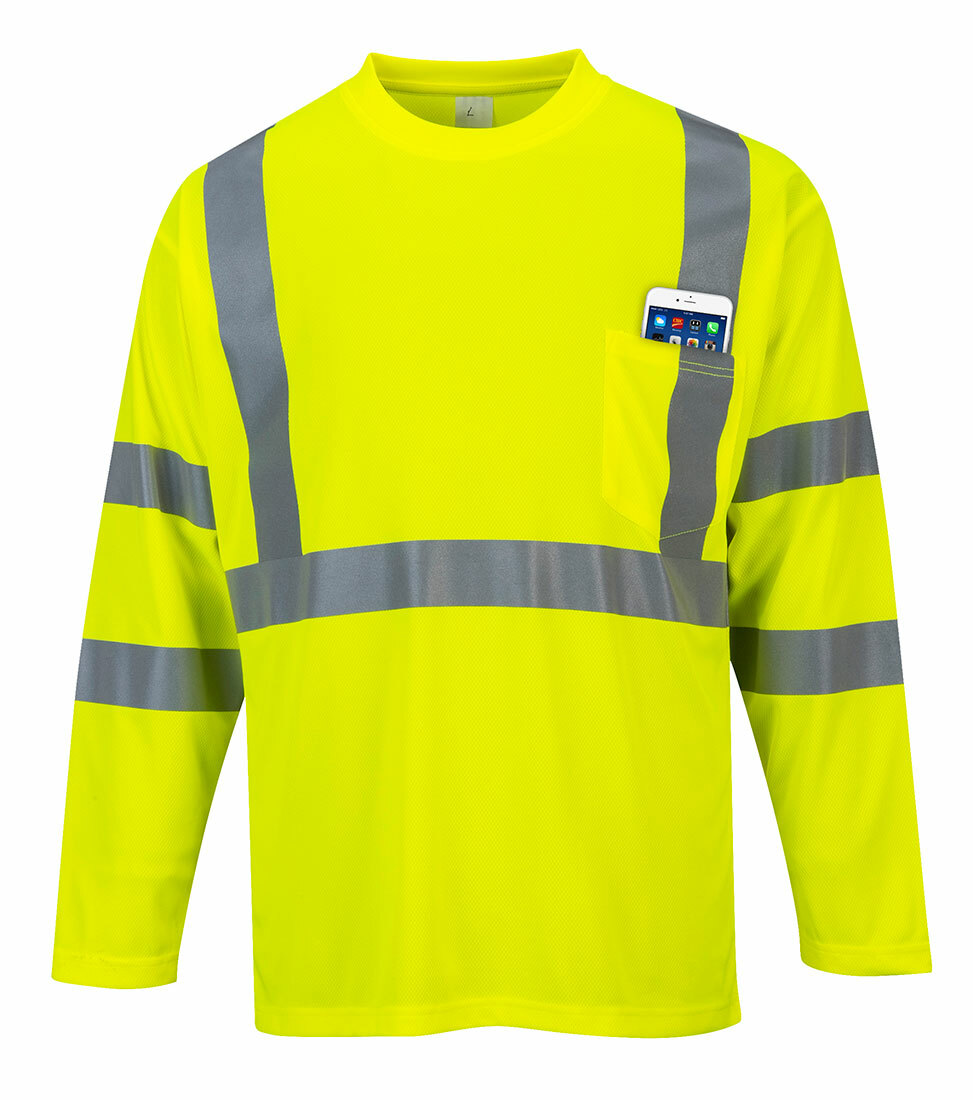 Portwest S191 Hi-Vis Reflective Safety Long Sleeve Crew Neck Pocket T-Shirt ANSI