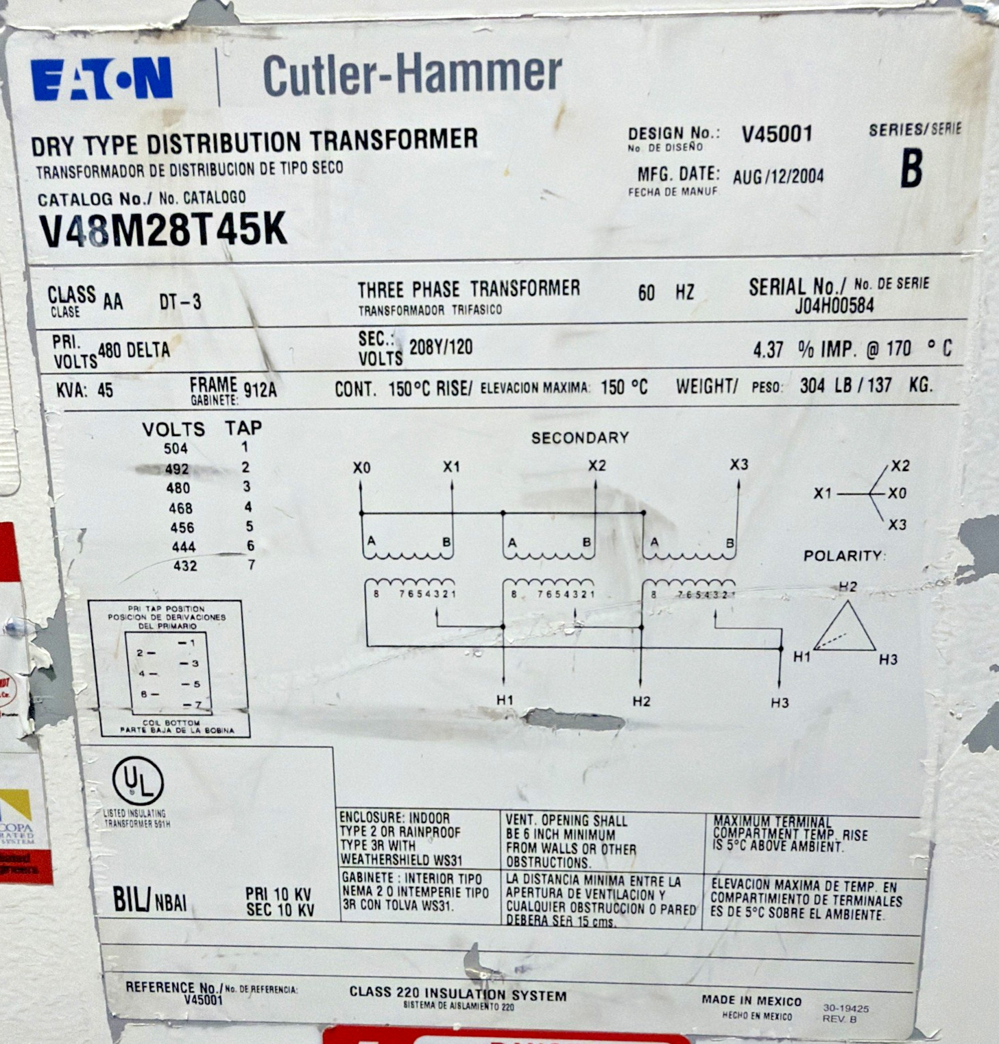 Eaton 45kVA 480V Transformer 3PH 60HZ 208Y/120V V48M28T45K 🟦