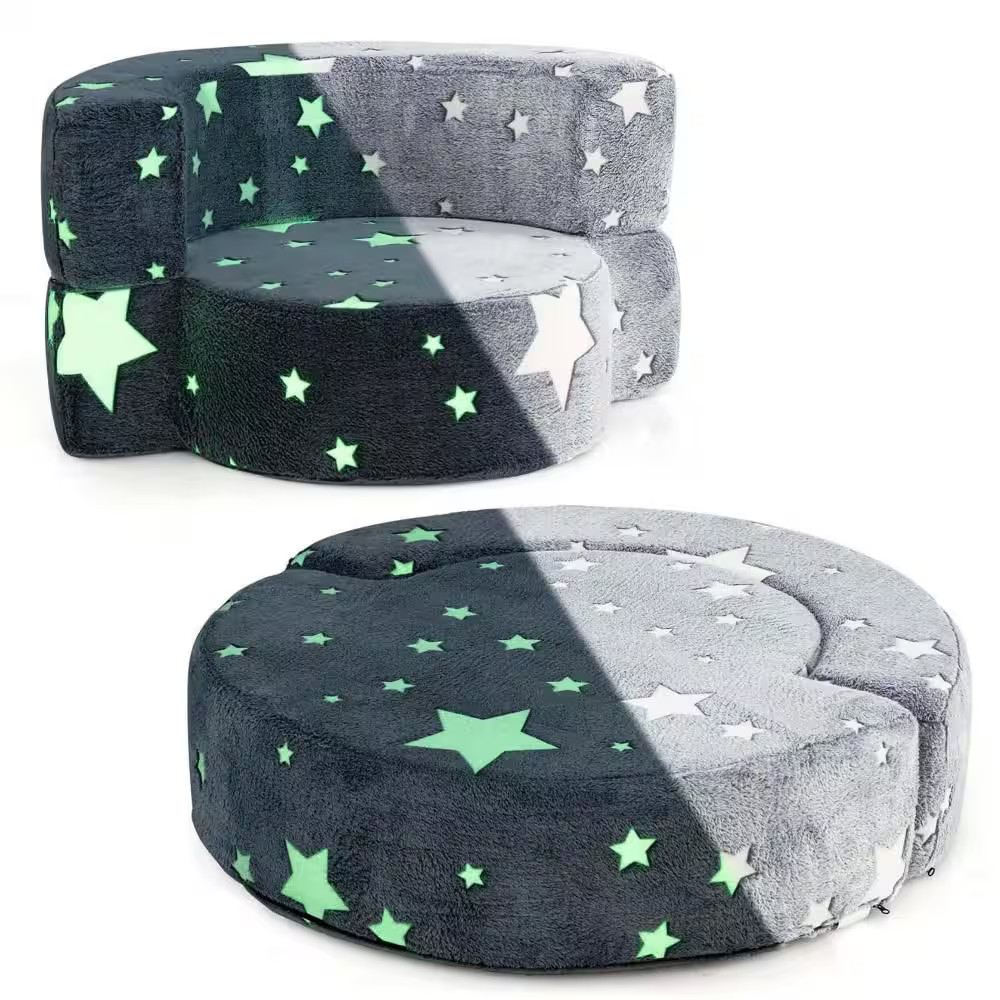 Gray Flannel Fabric Kids Plush Couch with Machine Washable Cover Soft Sponge Pad