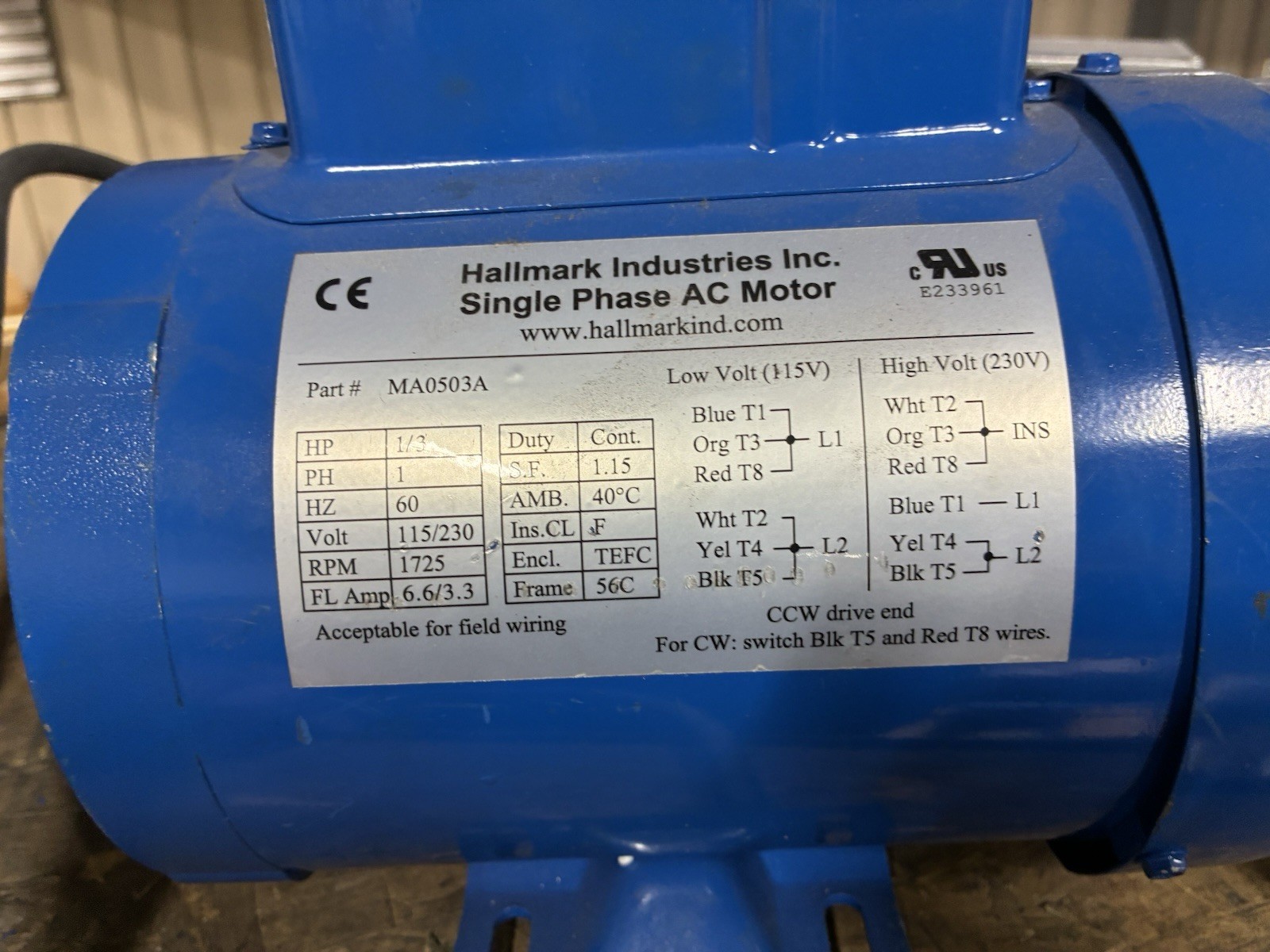 hallmark motor 1/3 hp electric Duel Voltage Single Phase