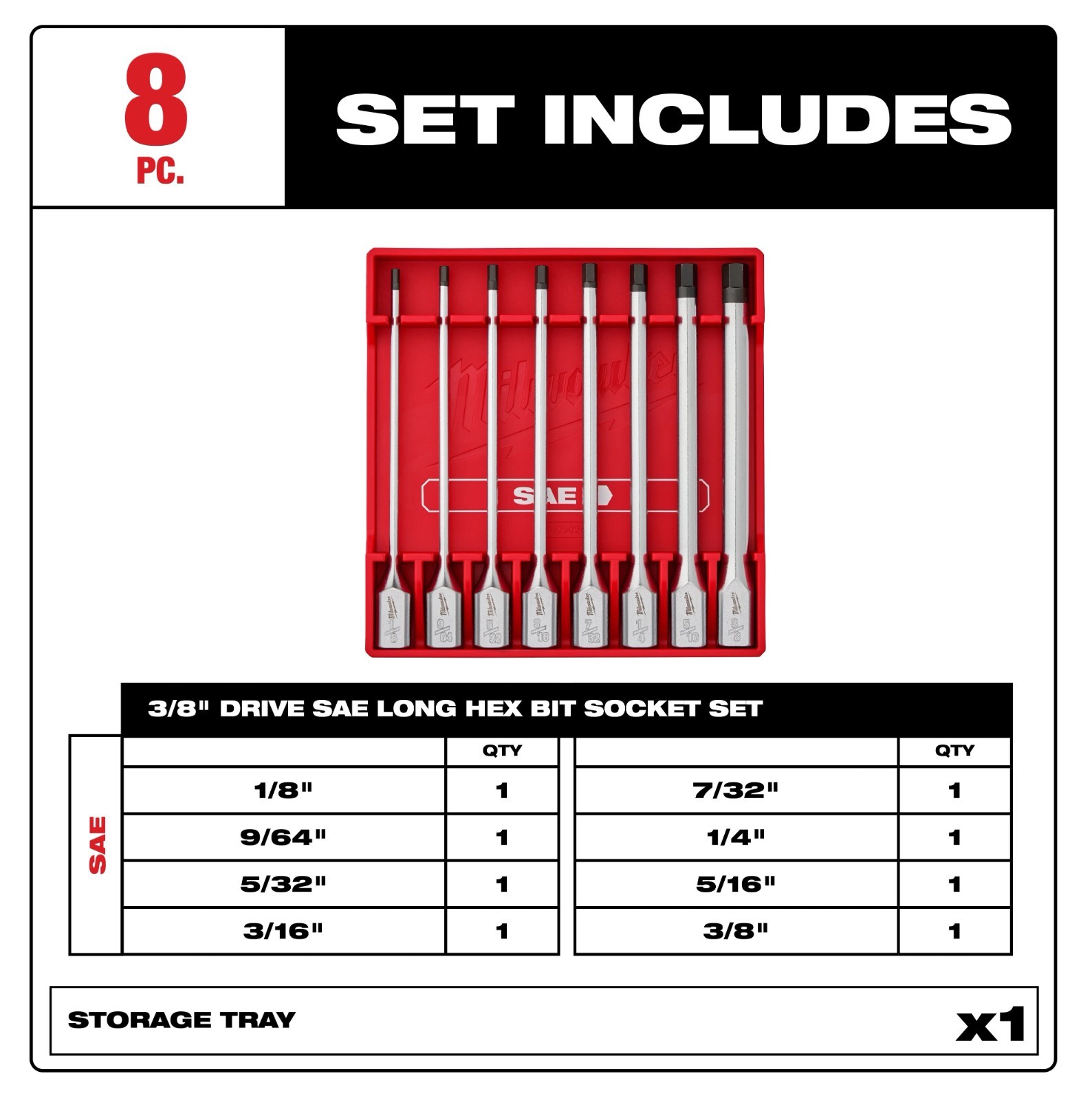 Milwaukee 48-22-9546 8pc 3/8” Drive Long Hex Bit Socket Set – SAE