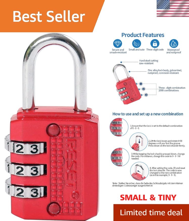 Stylish Red 3-Digit Combination Padlock – Ideal for Travel & Everyday Use