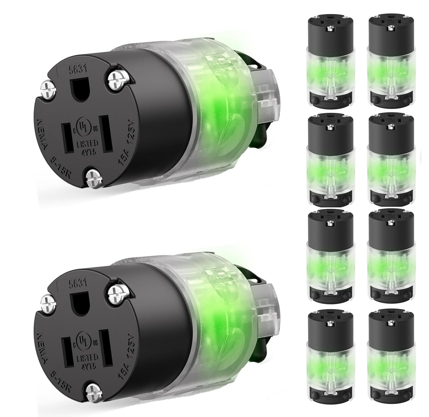 EPLESFTON 10 Pack Lighted 15 Amp 125 Volt Extension Cord Replacement Ends Fem…