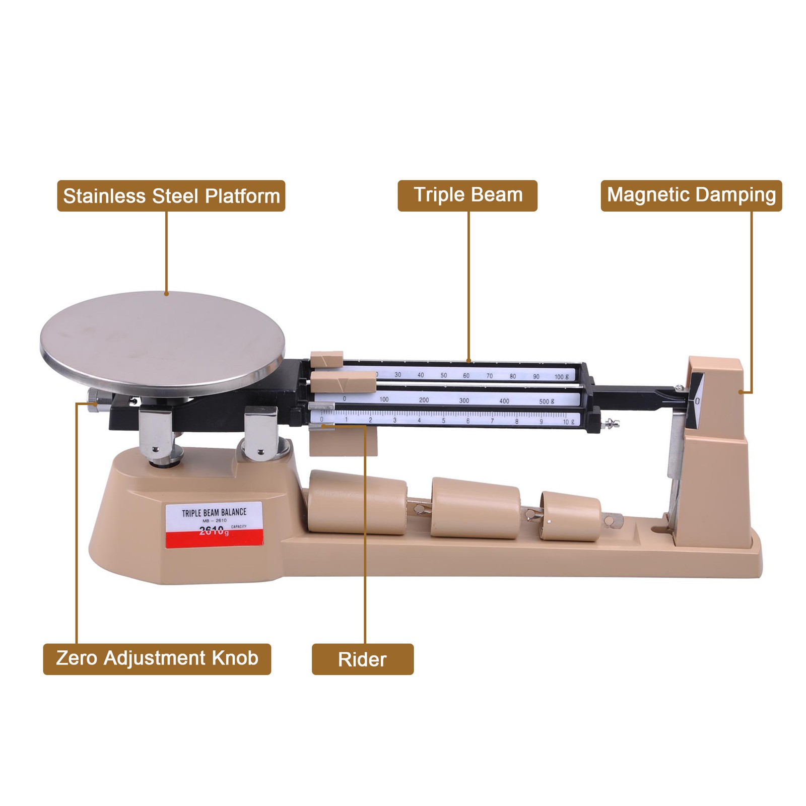 Triple Beam Mechanical Balance Scale Weight Set 2610g 0.1g Lab Analytical Weight