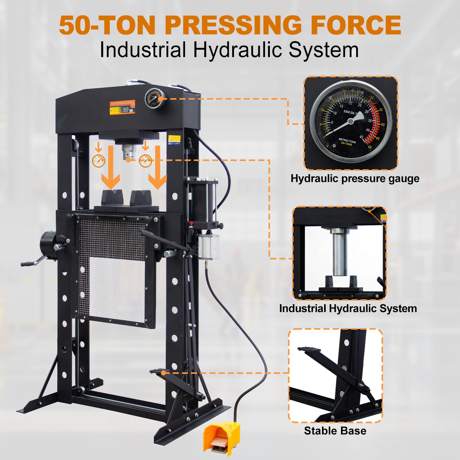 50 Ton Heavy Duty H-Frame Hydraulic Shop Repair Press with Triangular Support