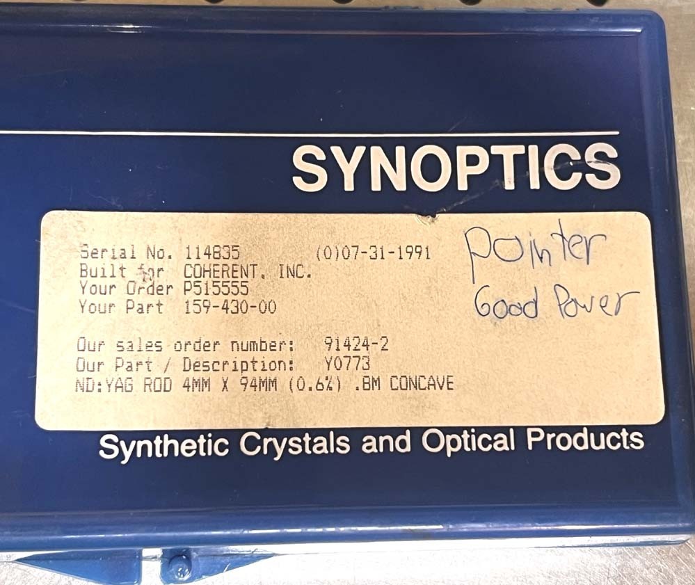 Synoptics for Coherent small YAG Rod 94m long Ø4mm, 0.6% Doped, .8M concave