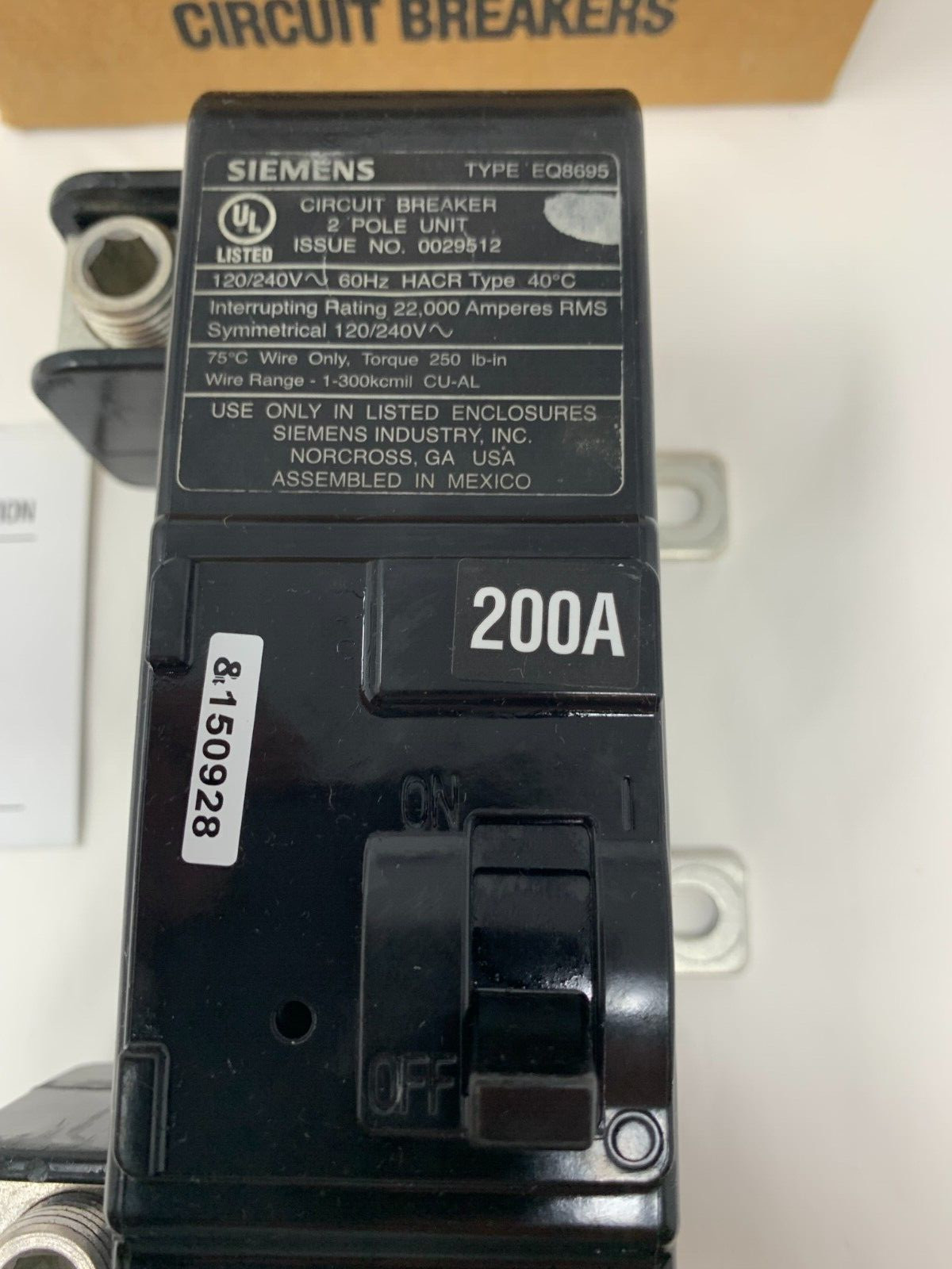 Siemens Murray MBK150A 150A 2P 120/240V Load Center Main Breaker Type M2