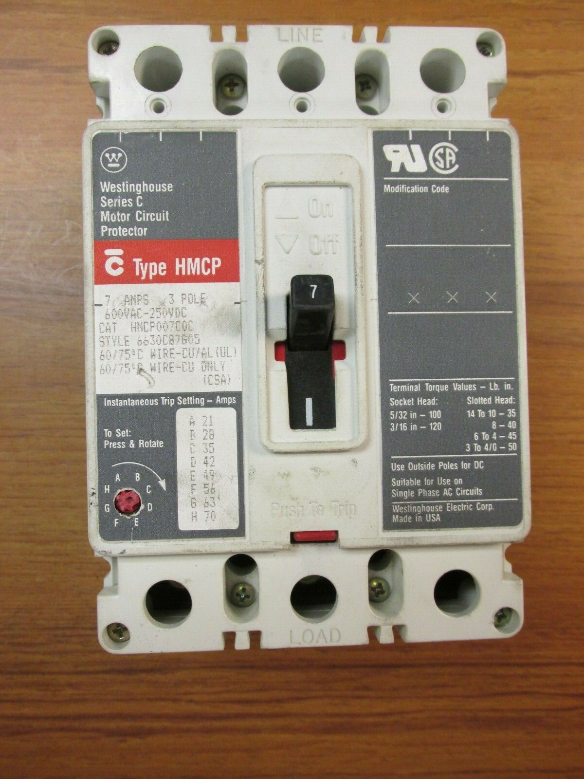 WESTINGHOUSE MOTOR CIRCUIT PROTECTOR 3 POLE 7 AMP HMCP007C0C… VA-135B