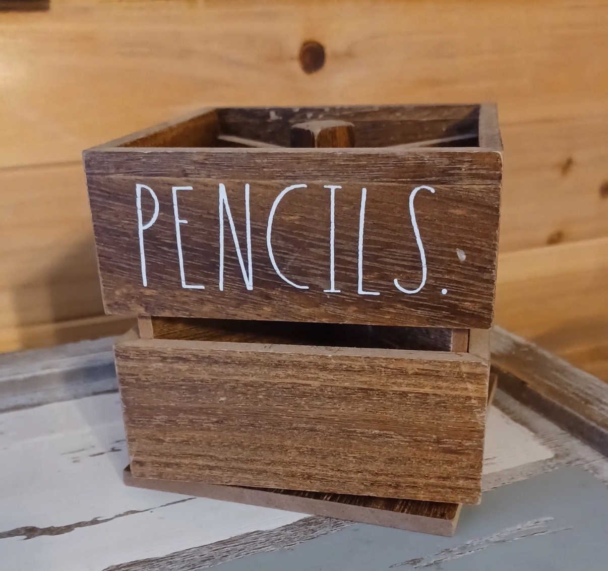 Rae Dunn Wooden Desk Organizer Pens Pencils Holder Spinning Caddy – 4.5” x 4.5”