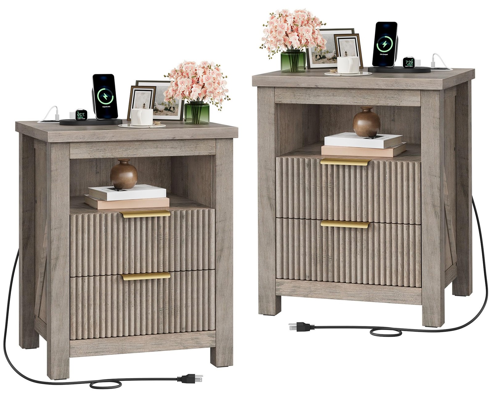 Fluted Nightstand Set of 2 with Charging Station and 2 Drawers