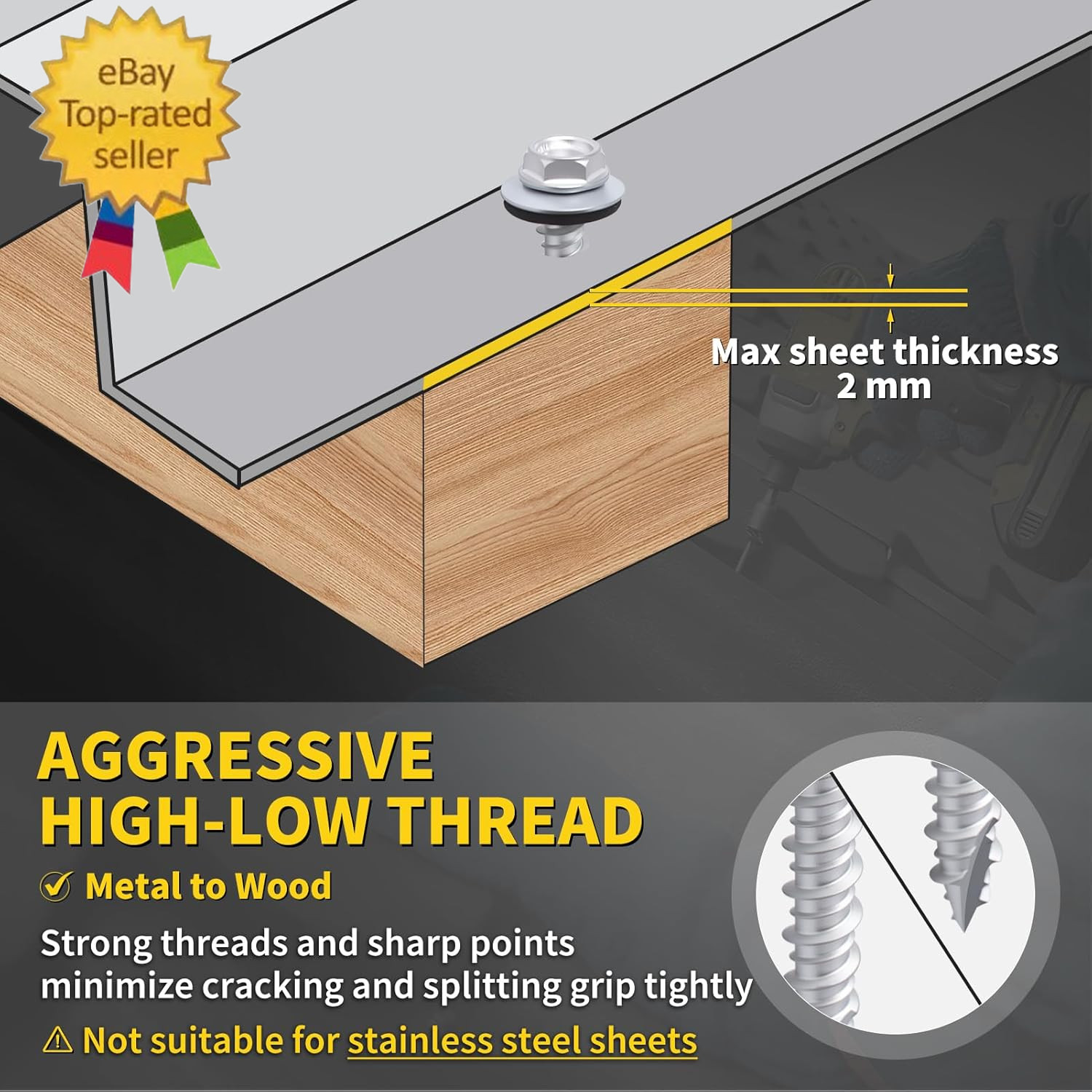 Metal Roofing Screws #10 X 1-1/2″, 300 PCS, RUSPERT Hex Head Rubber Washer Shee