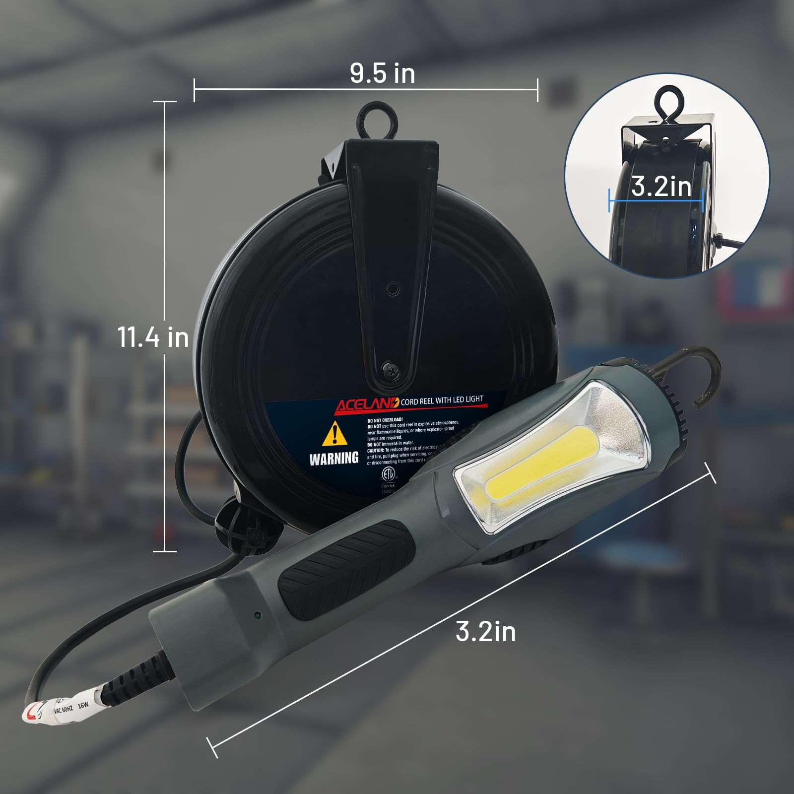Aceland Portable Corded Led Work Light 30 Feet Retractable Cord Reel 1600