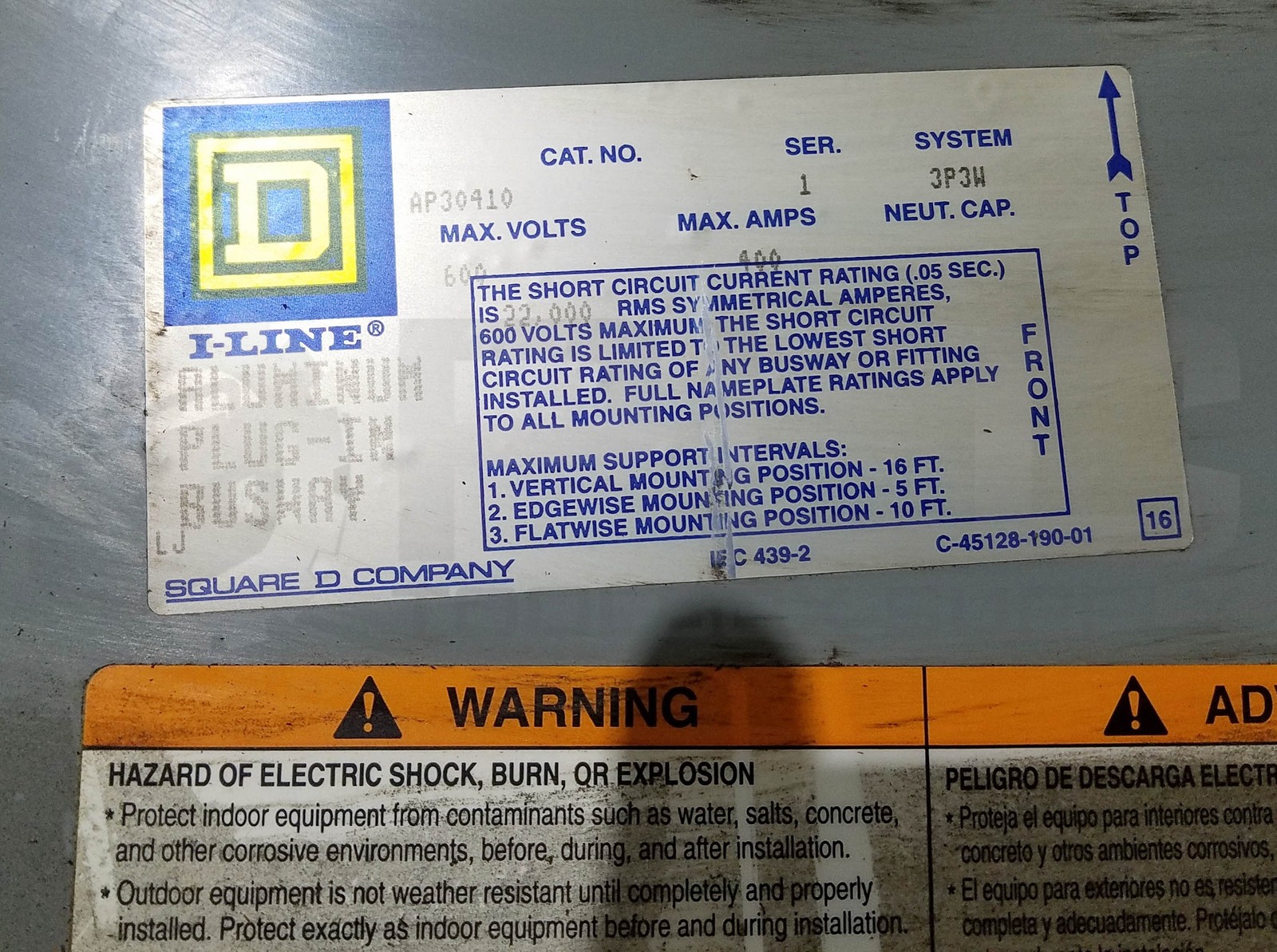 NEW SQUARE D I-LINE ALUMINUM PLUG-IN BUSWAY AP30410 Ser. 1 400AMP 600V 10′ *READ