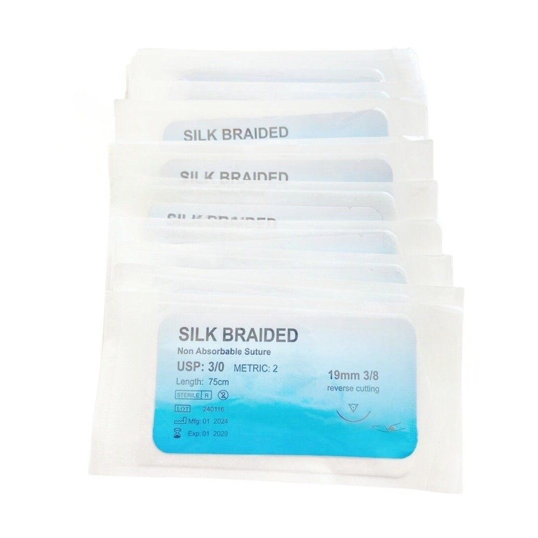 12 Pcs/Box Dental Surgical 3/0 4/0 Suture Silk Braided Non Absorbable 75cm