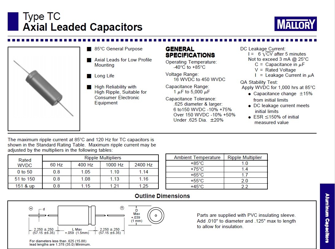 Capacitors, 60µF, 350V, Mallory TC68, Aluminum Capacitors Axial, (2 PCS)