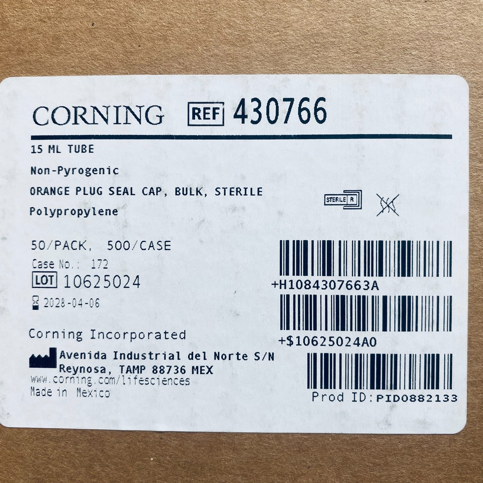 Corning Centrifuge Tube 15 ml Plug Seal Cap Polypropylene Case of 500 Tubes