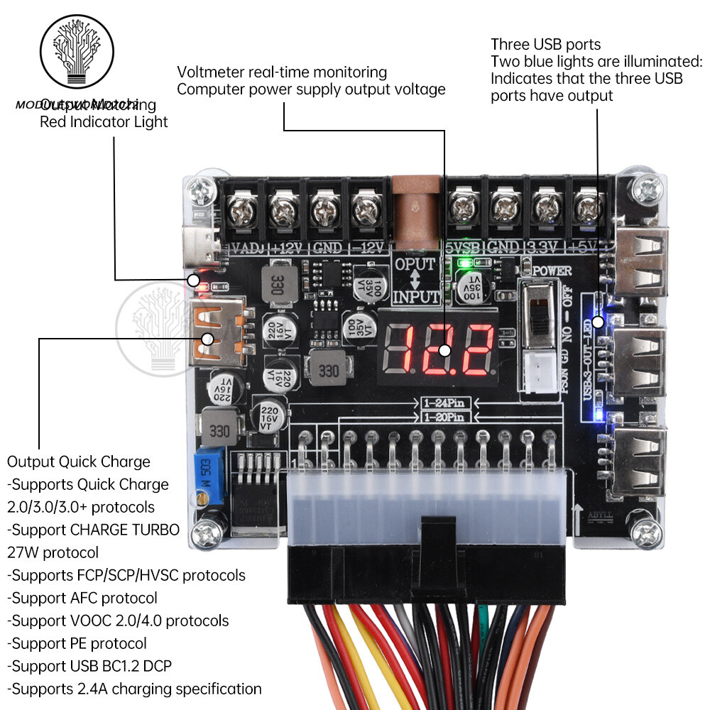 20/24 Pin ATX Power Adapter Board Power Supply Module Adapter Adjustable Voltage