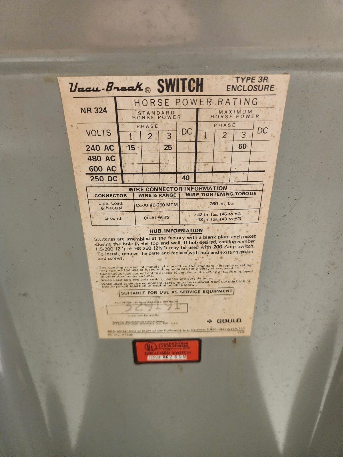 GOULD NR324 VACU-BREAK SWITCH WITH CLAMPMATIC CONTACTS 200 AMPS 1 PHASE 240 VAC