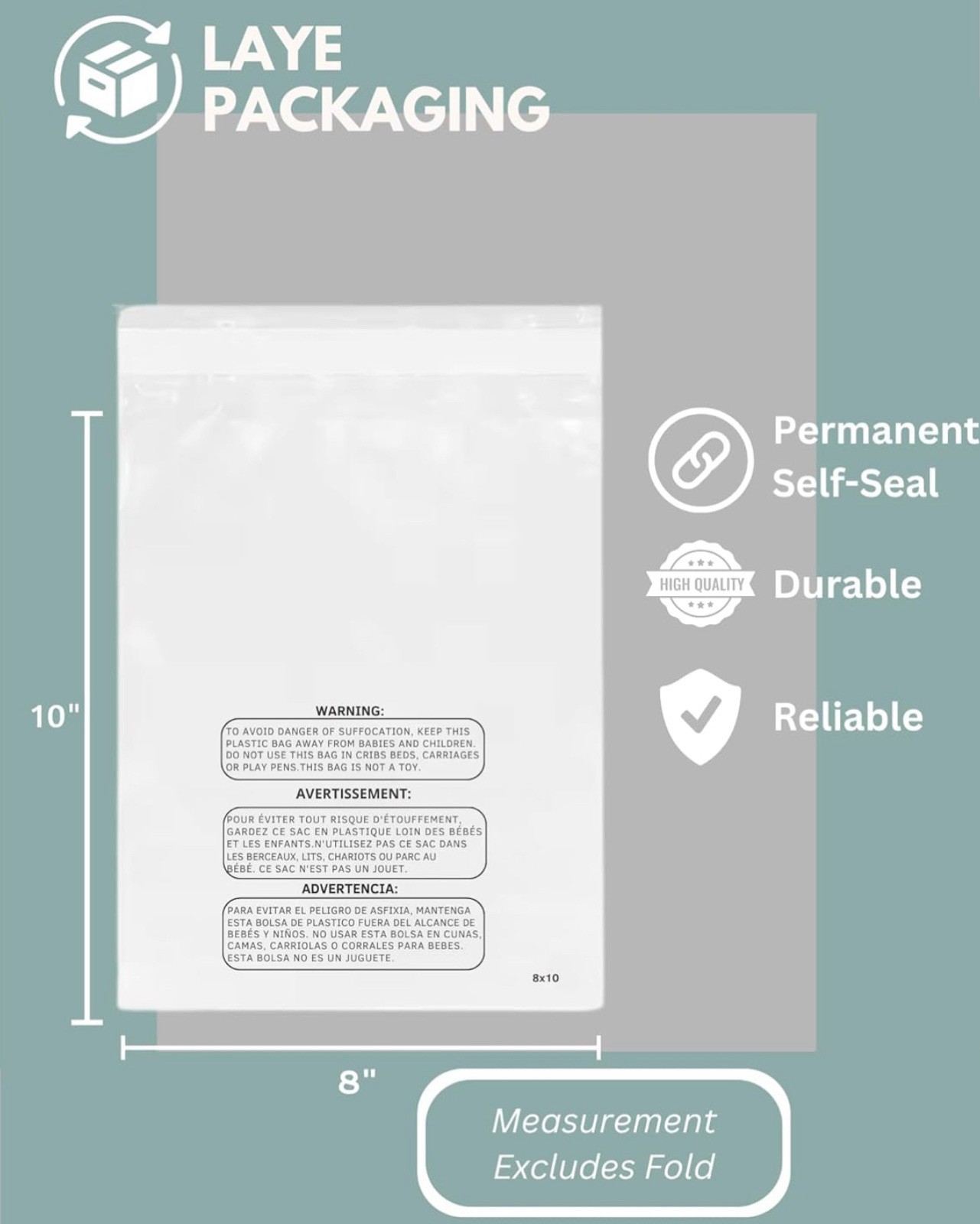 8×10 Inches (200 Counts) Self Seal Clear Poly Bags With Suffocation Warnings.