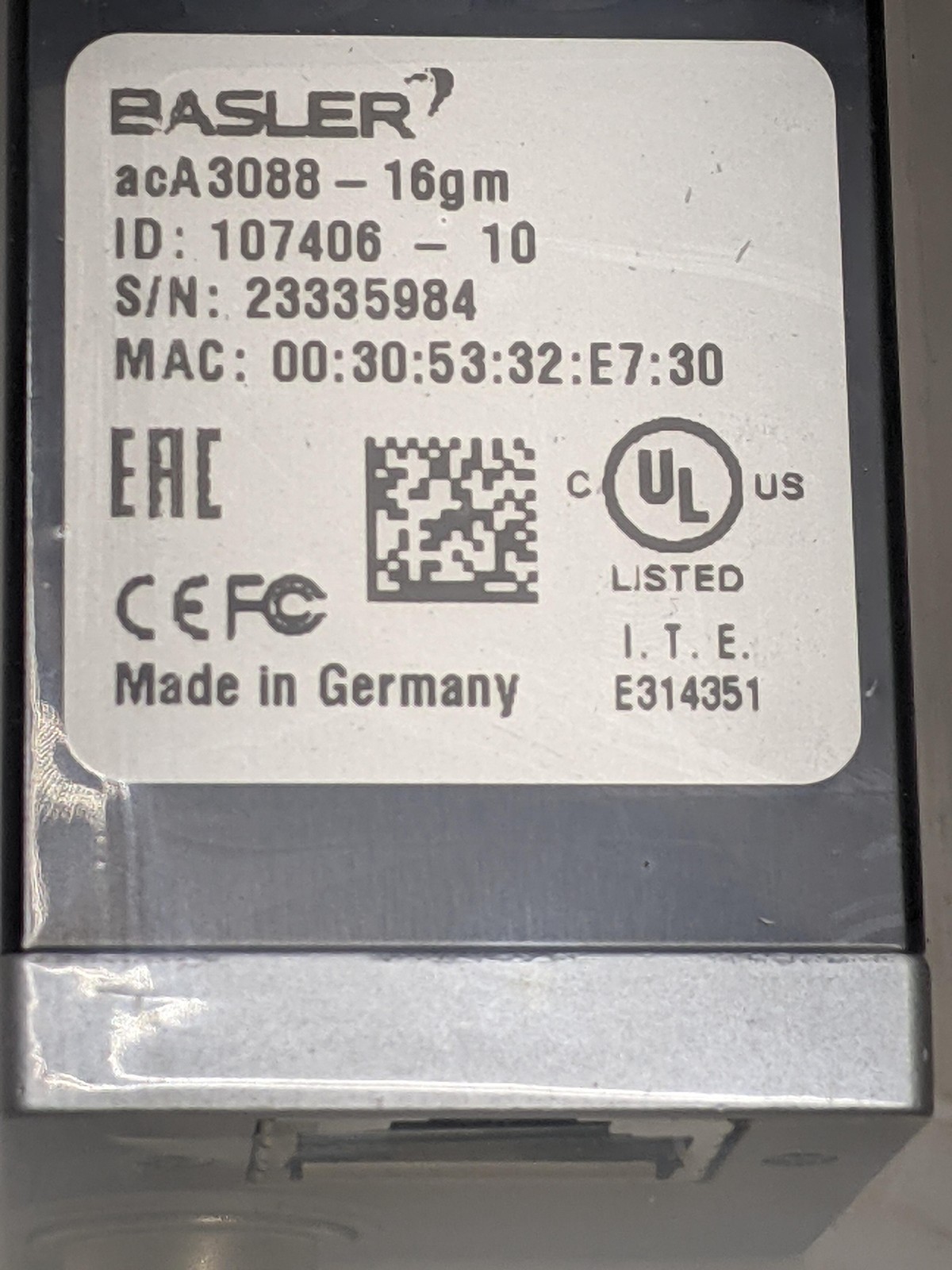 Basler acA3088-16gm 6.3MP Mono GIGE POE C-Mount Industrial Machine Vision Camera